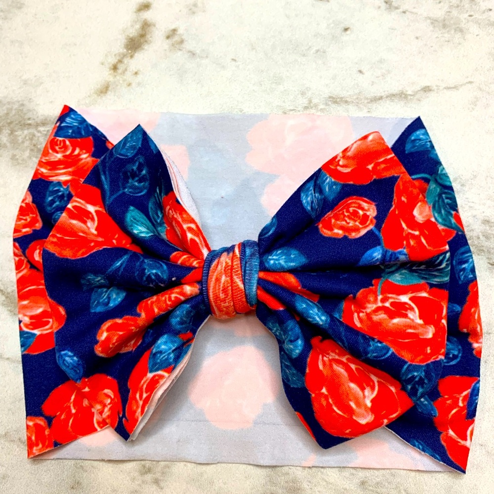 Red and Navy floral handmade infant head wrap in American Honey
